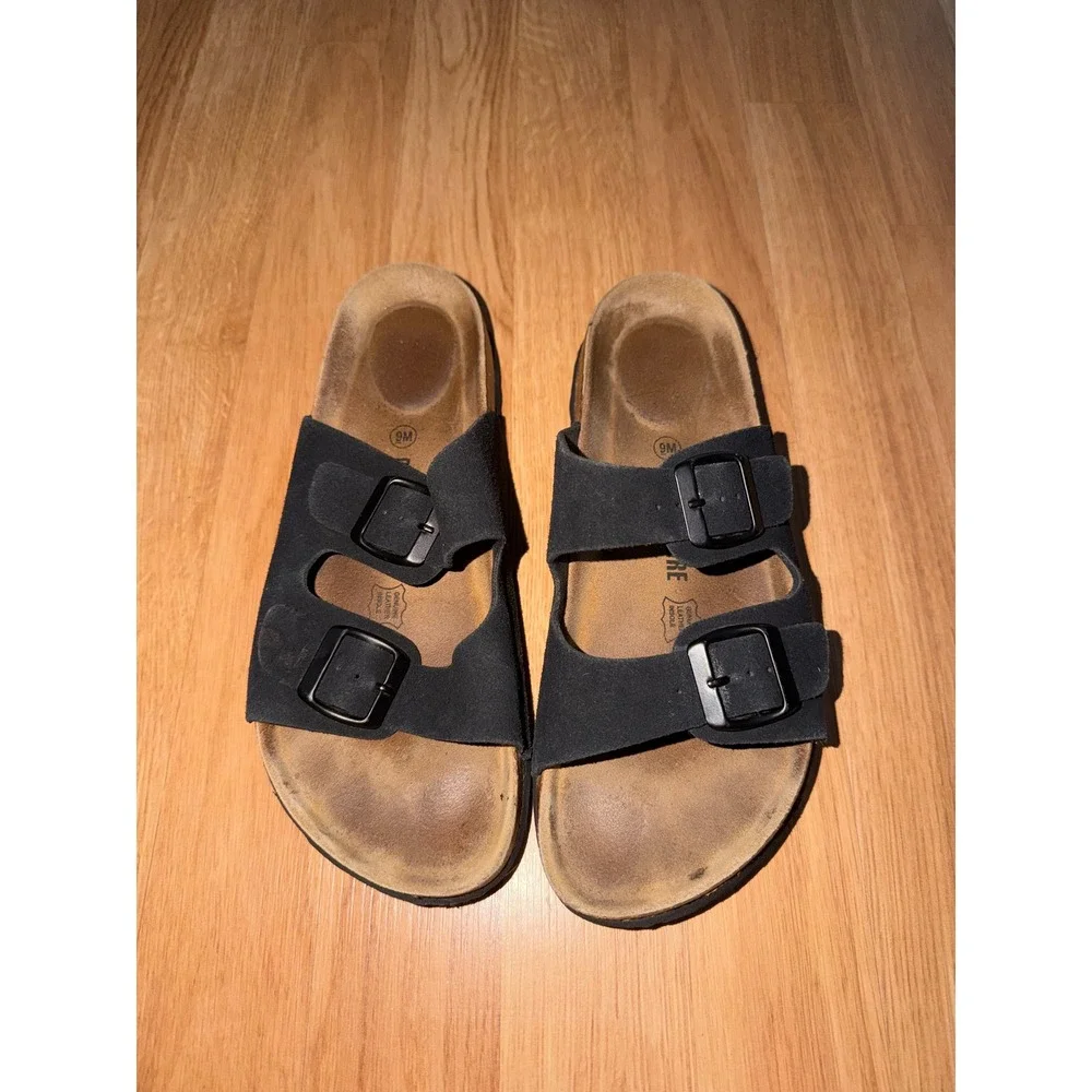 Cushionaire Lane Black Cork Footbed Sandals Double Strap Slide Womens 9M